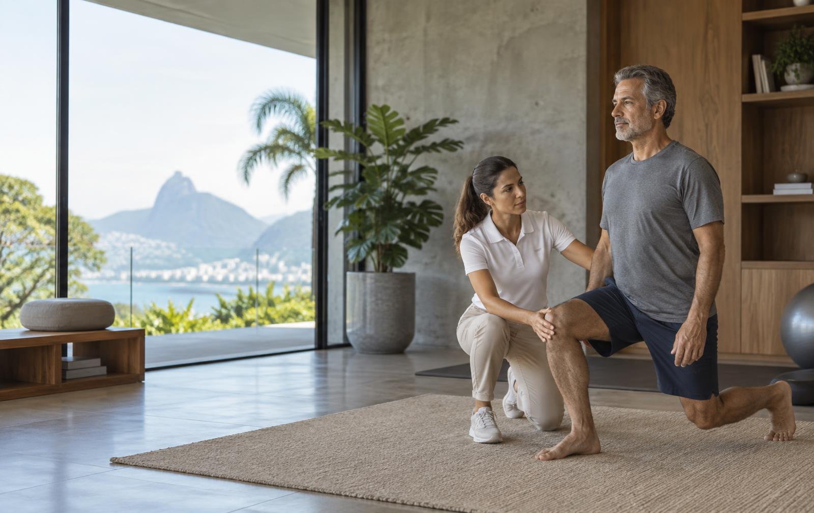 Fisioterapeuta orientando um exercício funcional